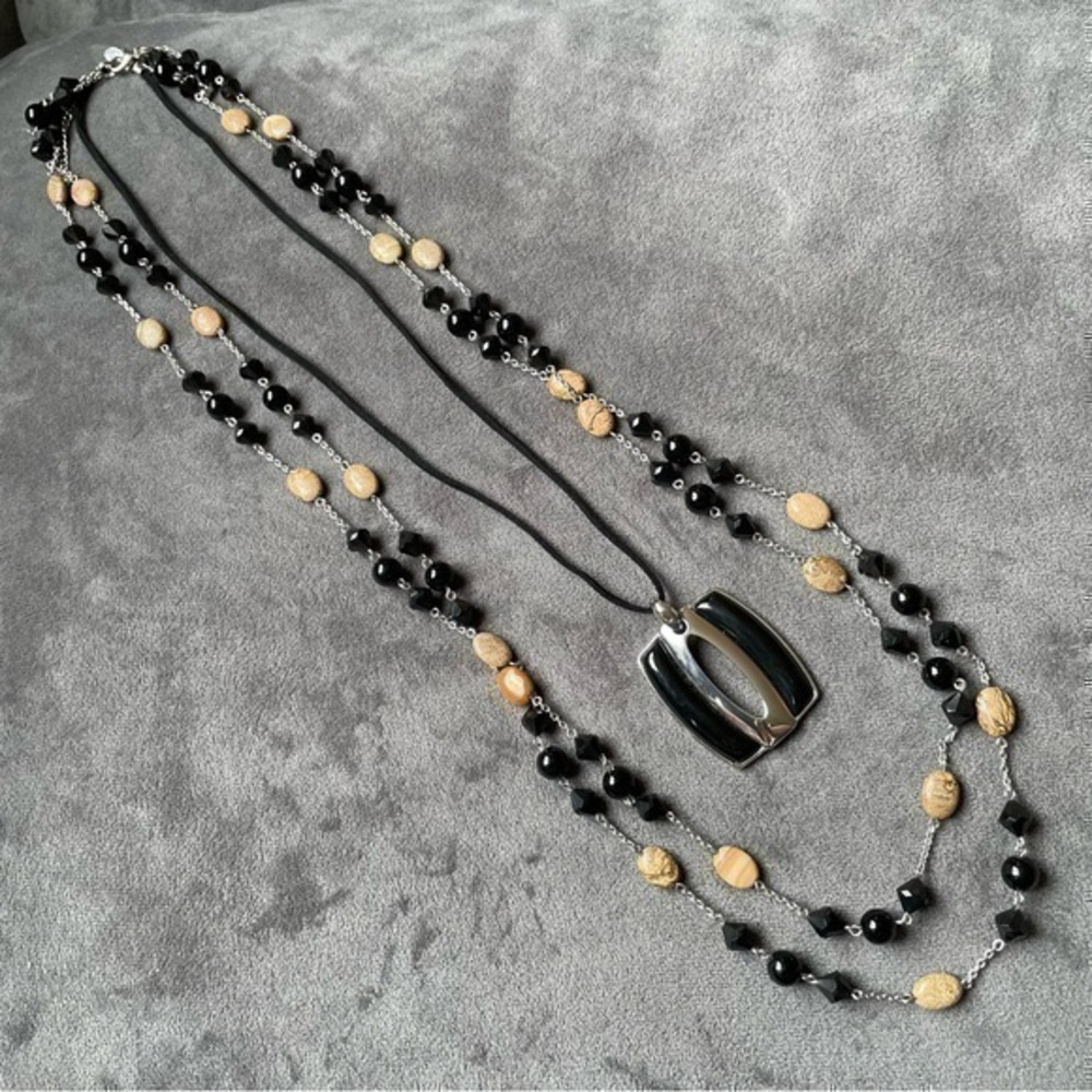 SET ❤️ Lia Sophia 2 Long Necklaces, Black & Silver Pendant, Black & Tan Beaded